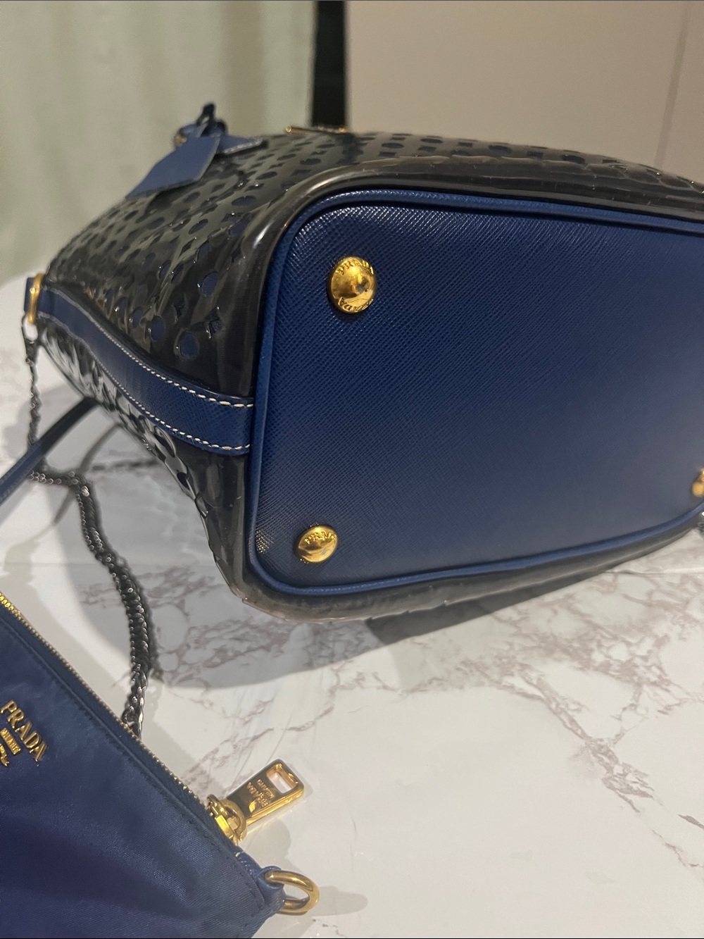 Prada Navy Perforated Patent Leather Shoulder Tote with Chain Strap - Picture 2 of 10
